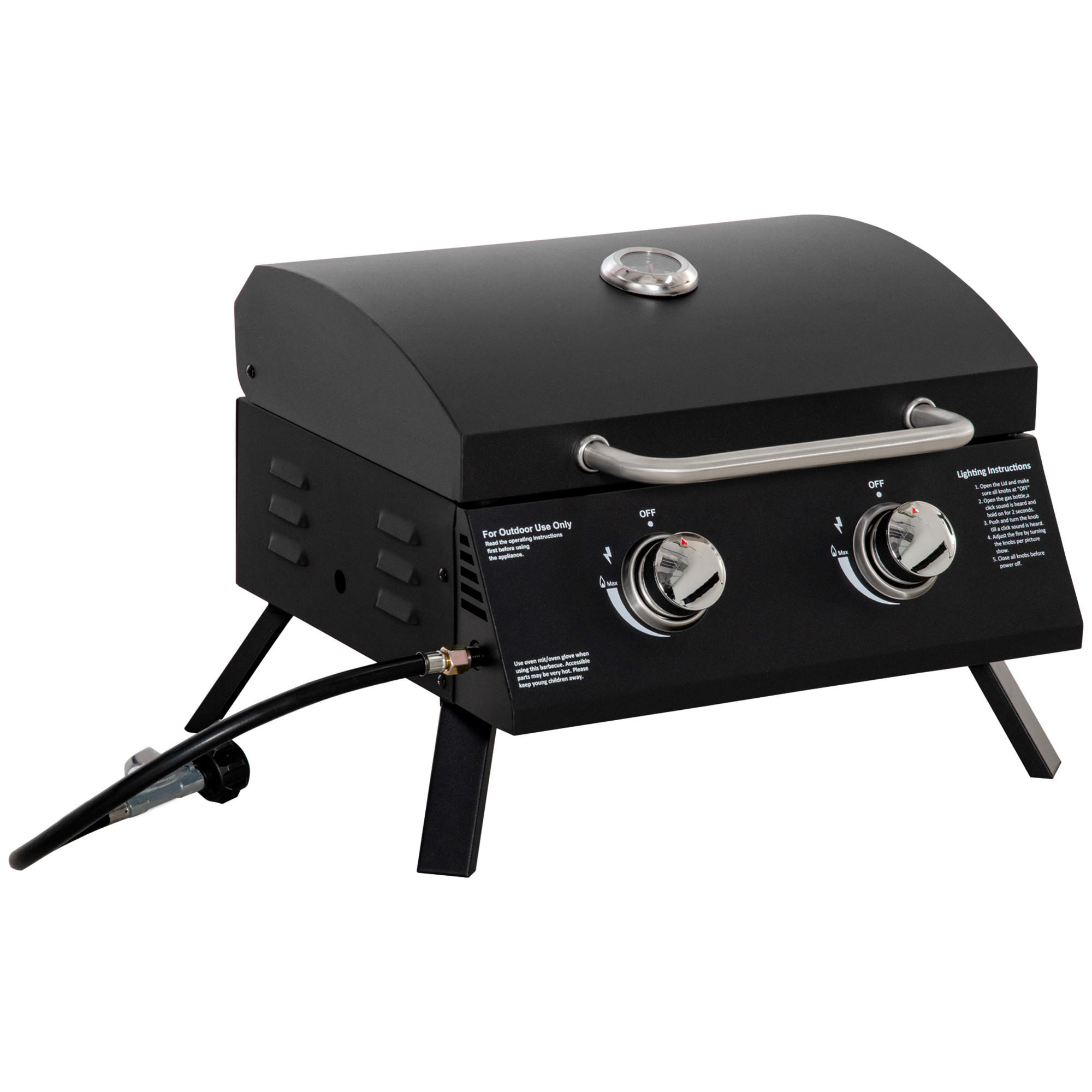 GASGRILL BBQ mit 2 Brennern mobil Edelstahl Schwarz 55 x 46,5 x 41 cm - Schwarz, Metall (46.5/41/55cm) - Outsunny