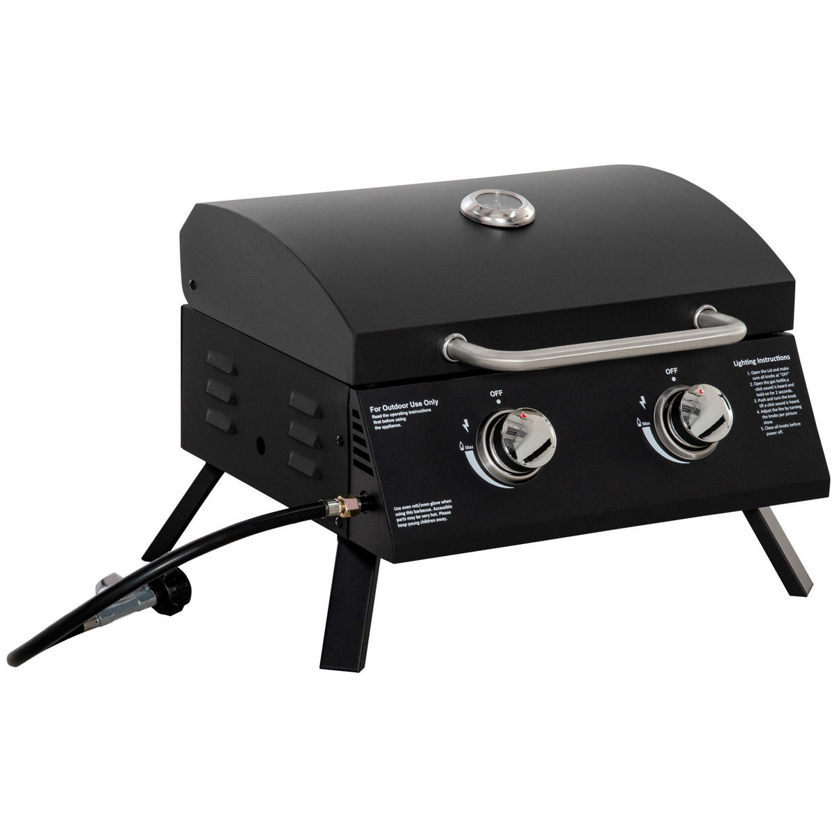GASGRILL BBQ mit 2 Brennern mobil Edelstahl Schwarz 55 x 46,5 x 41 cm - Schwarz, Metall (46.5/41/55cm) - Outsunny