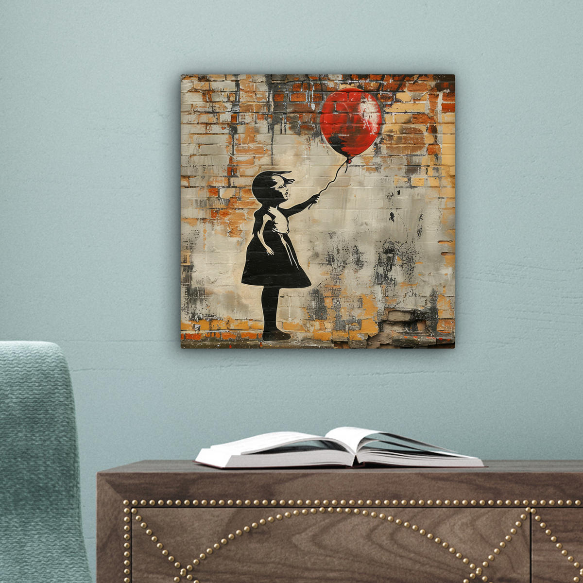 LEINWANDBILD Graffiti - Banksy - Mädchen - Straßenkunst Deko Wohnzimmer 20x20 cm - Sandfarben, Textil (20/20cm) - MuchoWow