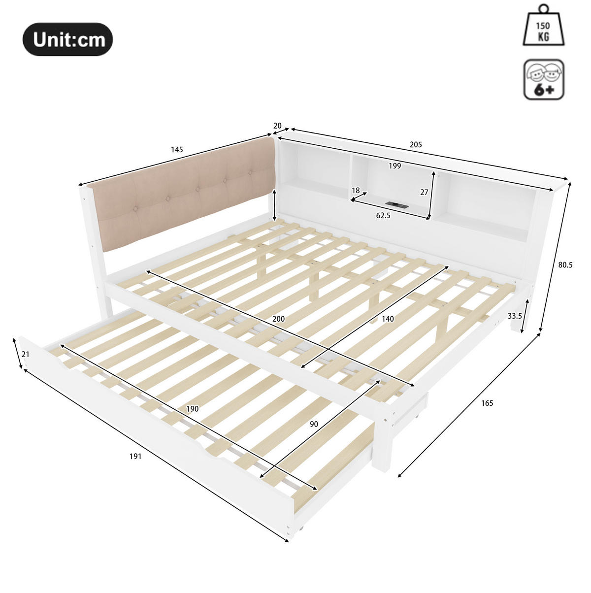 TAGESBETT 140/200 cm weiß aus Kiefernholz mit ausziehbarem Bett und dimmbarer LED-Beleuchtung - Weiß, Holz (140/200cm) - OKWISH
