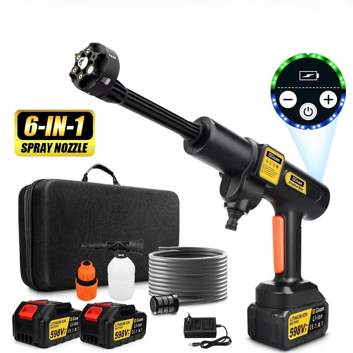 ELEKTRO-HOCHDRUCKREINIGER 6-in-1 200 Bar bürstenloser Geeignet für Autowäsche & Gartenarbeit, Mit 2 Batterien - Schwarz, Kunststoff (46.5/23cm) - Coonoor