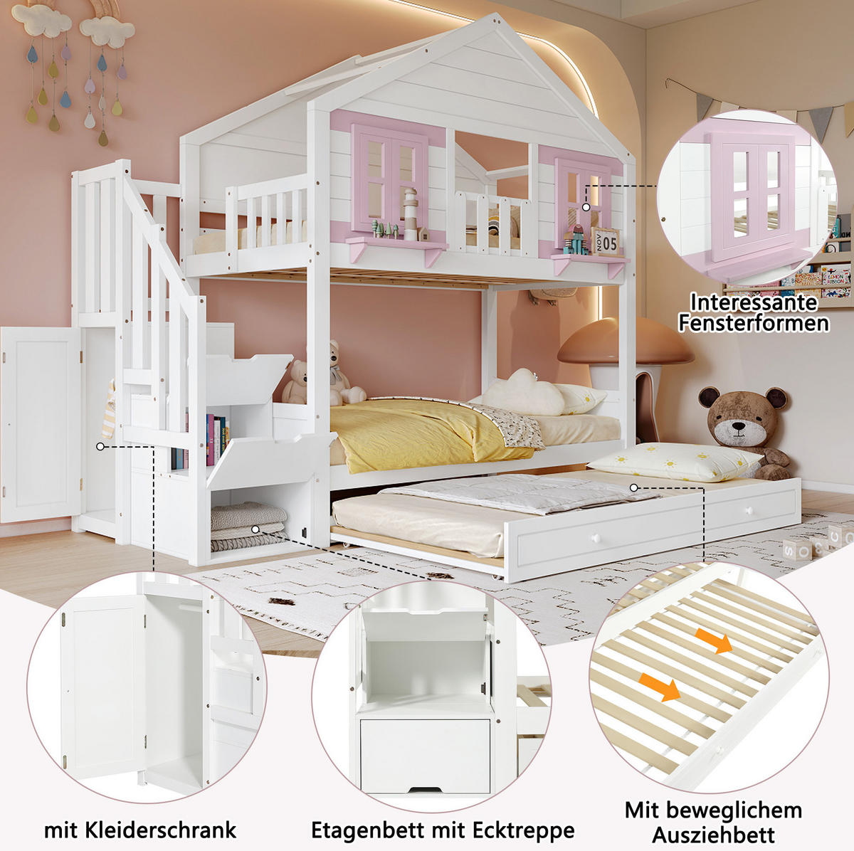 ETAGENBETT 90x200 cm in Weiß und Rosa mit Rollbett, Stauraumtreppe und Kleiderstange - Weiß, Holz (90/200cm) - IVMEU