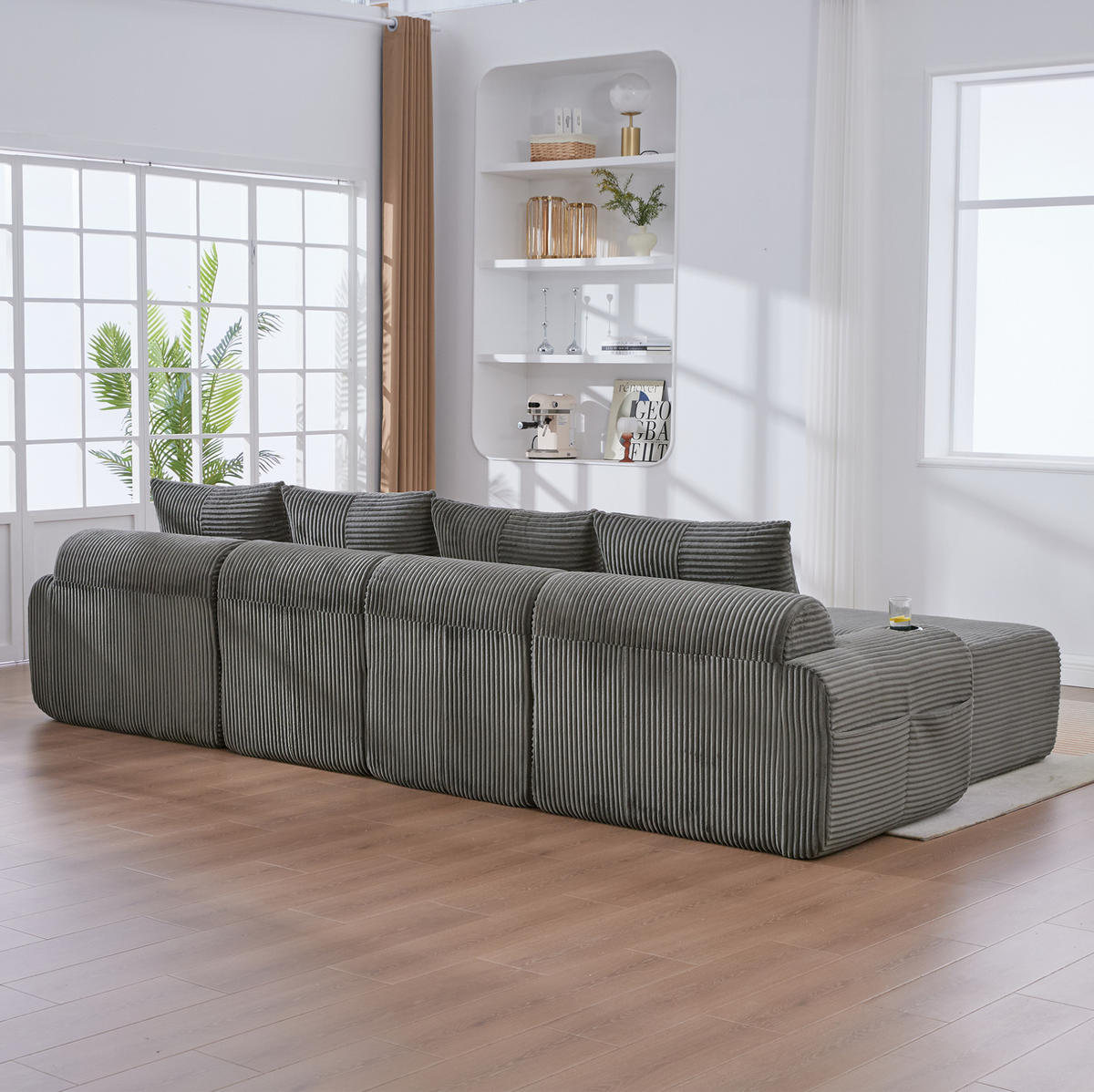 WOHNLANDSCHAFT modular 4-Sitzer mit 2 Hockern 333 x 174 cm Cord Dark Gray - Dunkelgrau, Kunststoff (174/80/333cm) - Meubliv