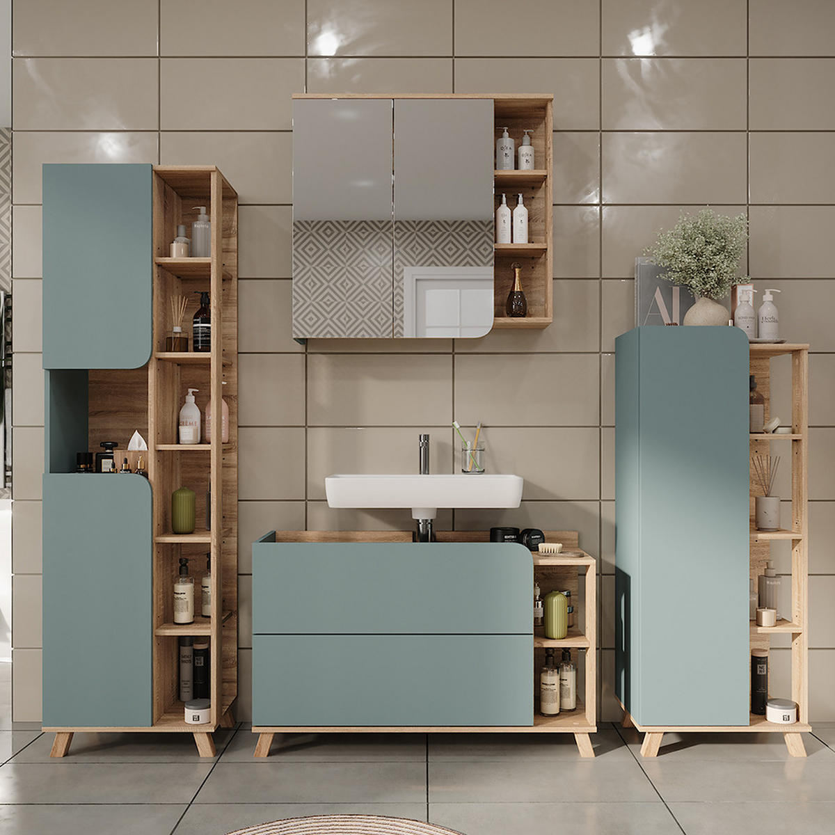BADMÖBEL-SET Karen Sonoma/Blau 4 Teile - Blau, Holzwerkstoff (100/65/35cm) - Vicco