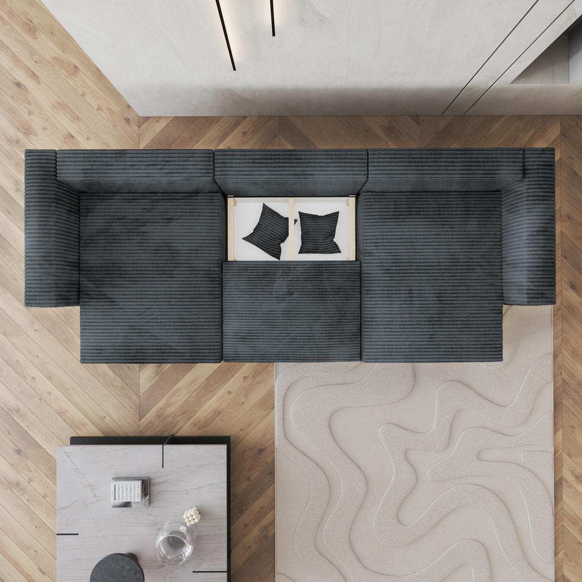 WOHNLANDSCHAFT SARMO Grau Kordstoff mit Schlaffunktion - Grau, Holz (347/90/148cm) - MASSENO