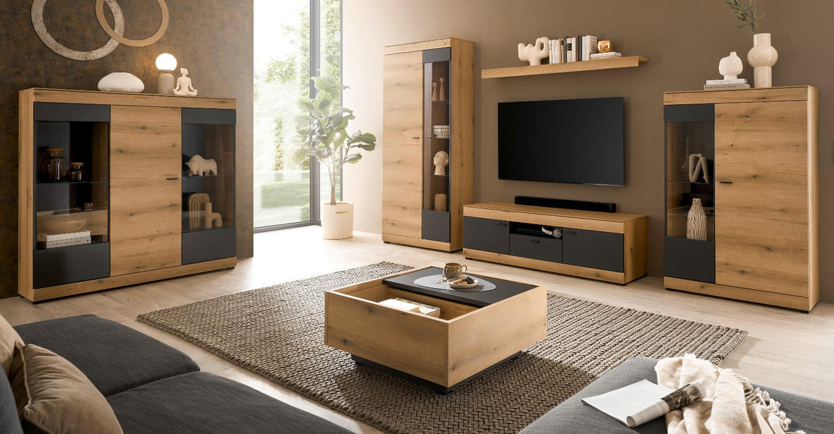 HIGHBOARD in Eiche, grau 140 x 141 cm, Vitrine mit Soft-Close - Kaschmir/Eichefarben, Glas/Holzwerkstoff (140/141/35cm) - Furn.Design