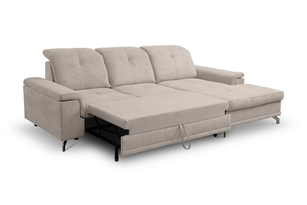 ECKSOFA PANAMA mit Schlaffunktion und Bettkasten, Farbe: Beige, Velourstoff, Ottomane Rechts - Beige, Textil (270/180cm) - VENASI MÖBEL