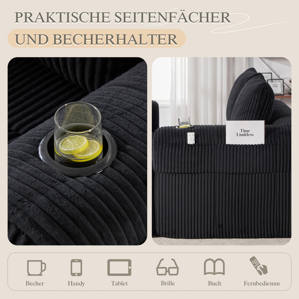 2-SITZER Sofa Cordstoff mit Seitenfächern und Becherhaltern 158/93/61 cm Schwarz - Schwarz, Textil (93/61/158cm) - Redom