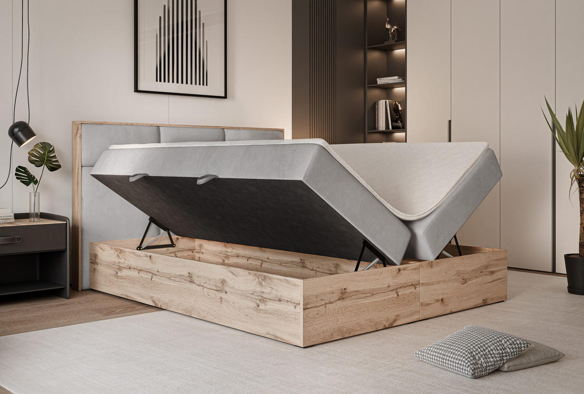 BOXBETT LAVIO 180/200 cm, in Grau, mit Matratze und Topper - Grau, Holzwerkstoff/Textil (180/200cm) - Idohome