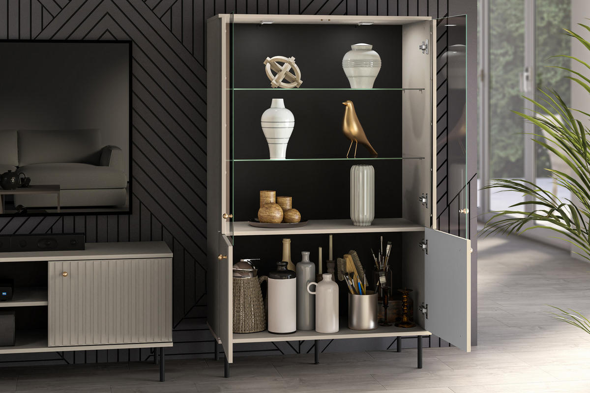 VITRINENSCHRANK DROMA inklusive Beleuchtung, Creme - Creme, Holz (92/151/40cm) - KONSIMO®