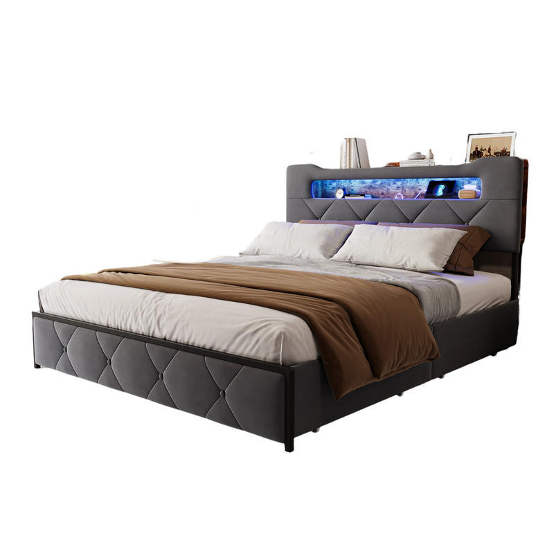 SHOPENTRA ČALOUNĚNÁ postel 160x200 cm šedý samet USB 4 zásuvky čelo postele