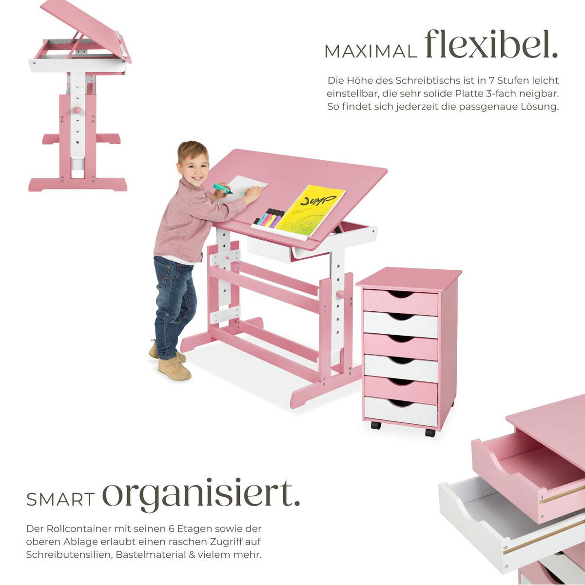 SCHREIBTISCH ,pflegeleicht,rosa - Rosa, Holz (55/94/109cm) - tectake