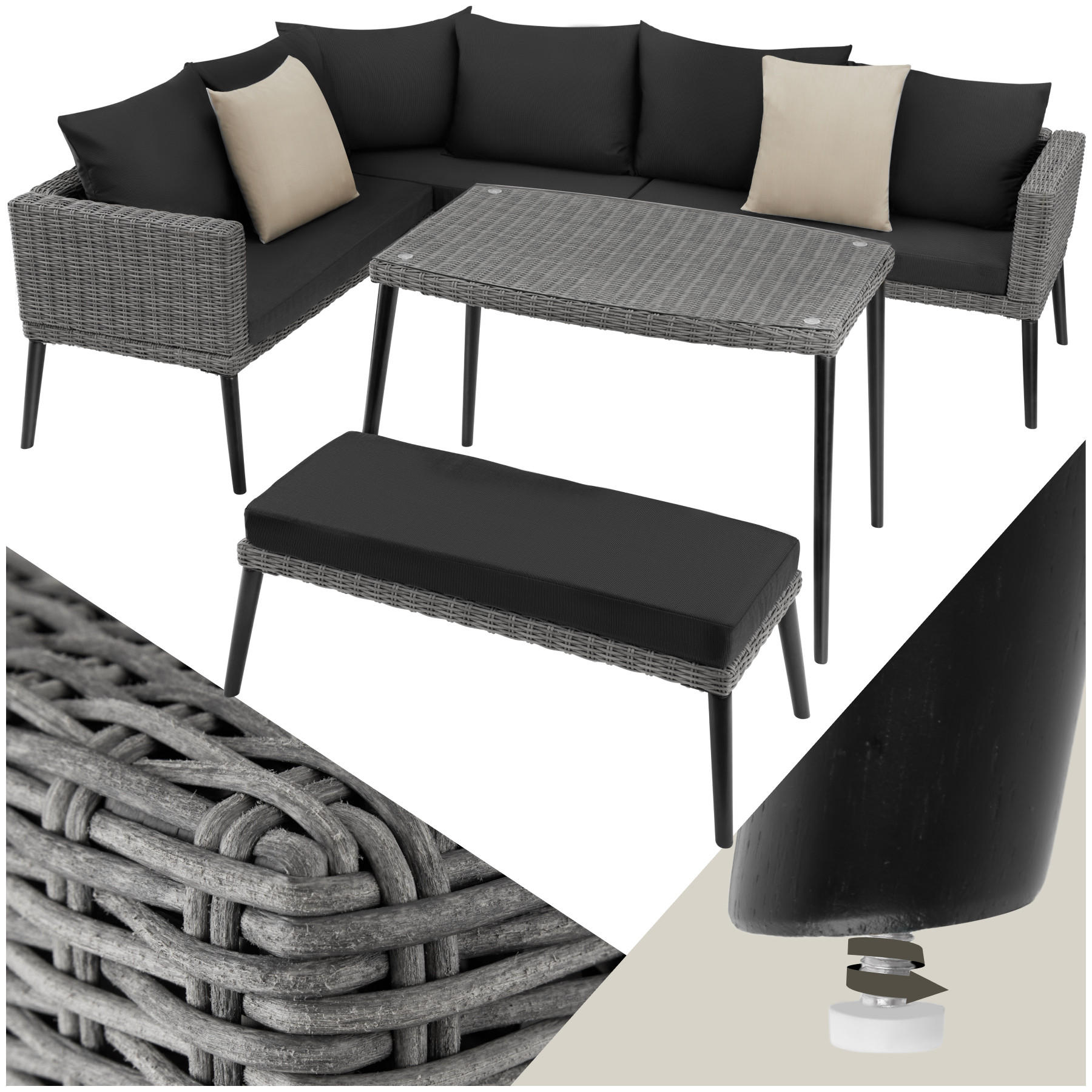 RATTANLOUNGE Pula,mit Sicherheitsglasplatte,grau - Grau, Kunststoff/Metall - tectake