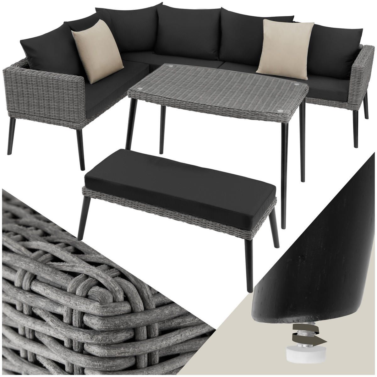 RATTANLOUNGE Pula,mit Sicherheitsglasplatte,grau - Grau, Kunststoff/Metall - tectake