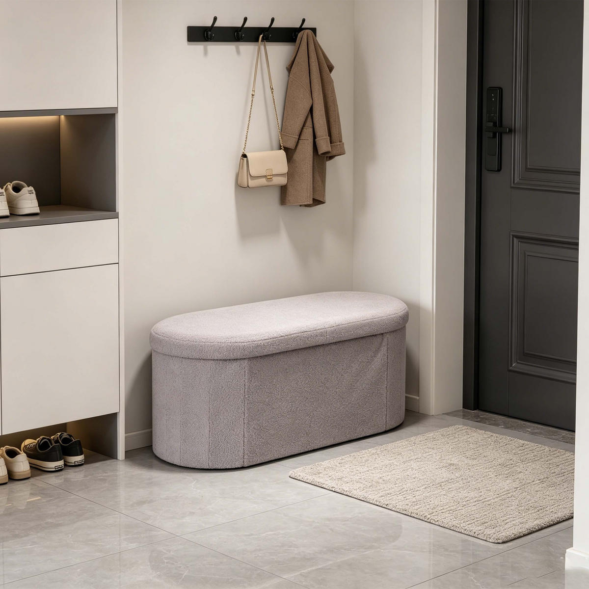 LAVICE Světle šedá s úložným prostorem teddy čalounění 76 cm - šedá, kompozitní dřevo/textil (76/38/38cm) - Relaxdays