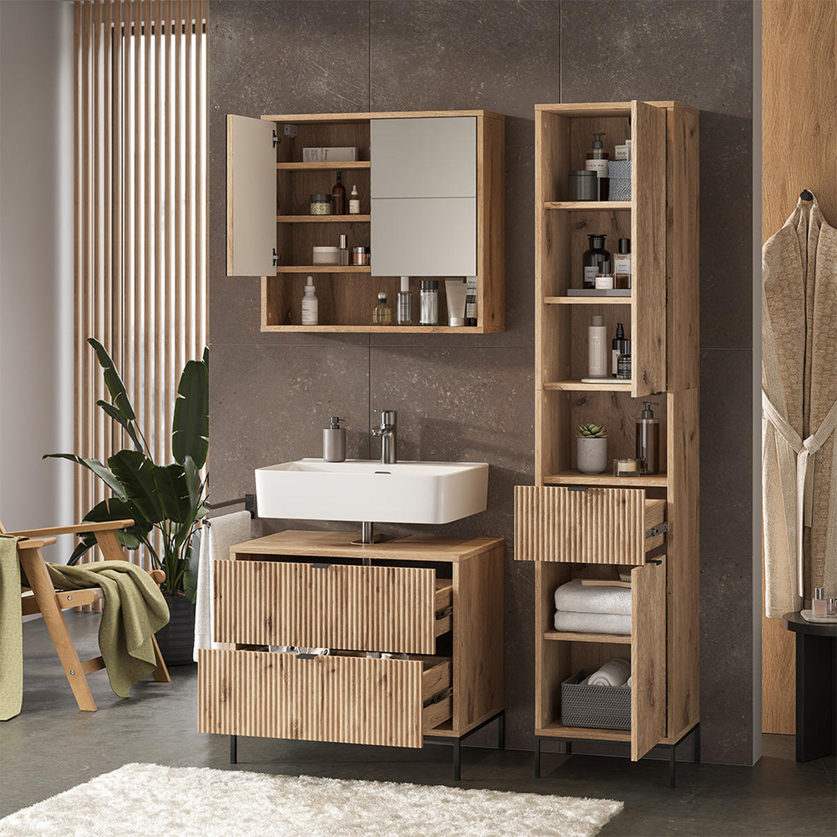 BADMÖBEL-SET Eliza Viking Oak 3 Teile - Eichefarben, Holzwerkstoff (70/63/45.1cm) - Vicco