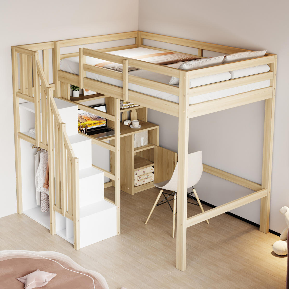 HOCHBETT 90/200 cm mit Schreibtisch, Regalen, Schränken und Stauraumtreppe, Natur Holzwerkstoff - Naturfarben, Holzwerkstoff (90/200cm) - Redom