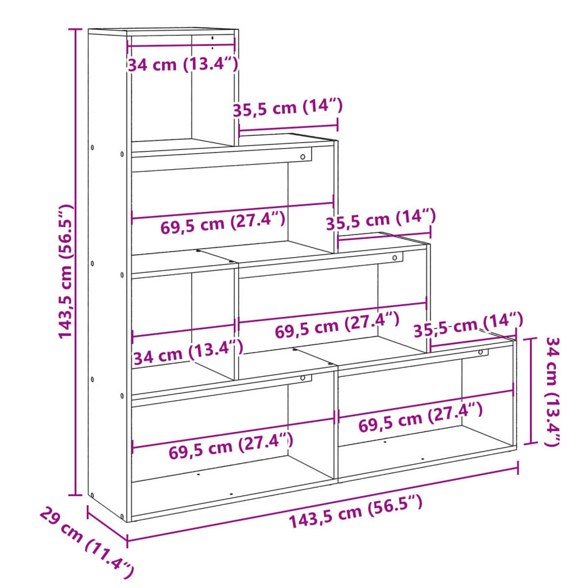 RAUMTEILER-BÜCHERREGAL 4 Etagen Betongrau 143,5/29/143,5 Cm - Grau, Holzwerkstoff (29/143.5/143.5cm) - vidaXL