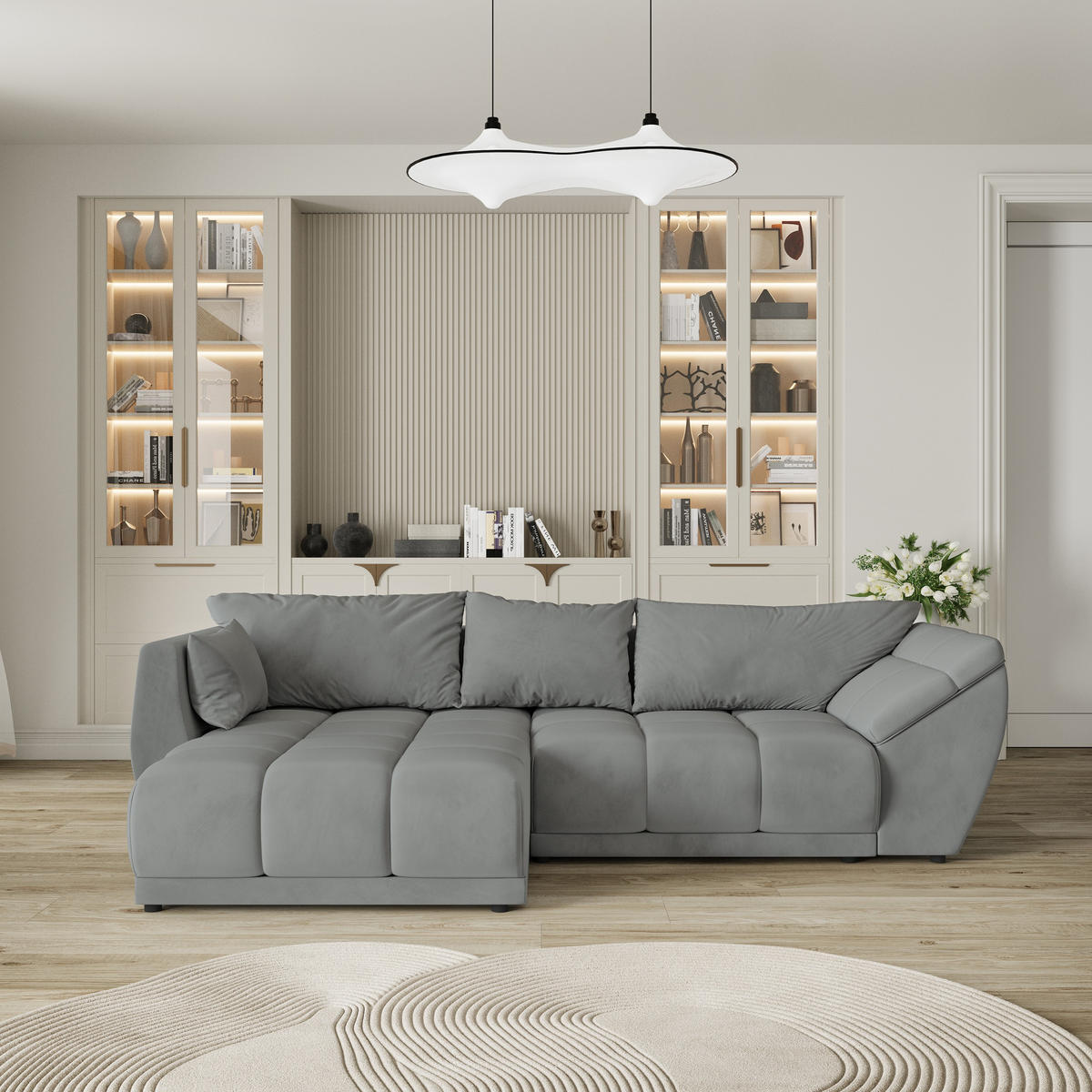 ECKSOFA ORENTI L-S Grau Velours-Stoff mit Schlaffunktion - Grau, Holz (287/182cm) - MASSENO