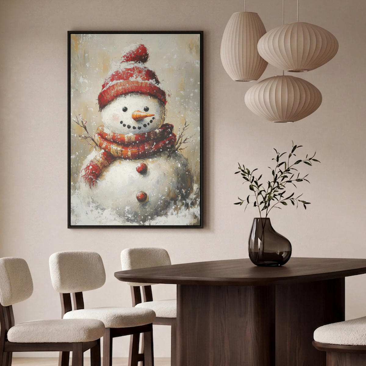 LEINWAND Bilder mit Rahmen - Schneemann - Winter - Schnee - Beige - 100x150 - Weiß, Textil (100/150cm) - MuchoWow