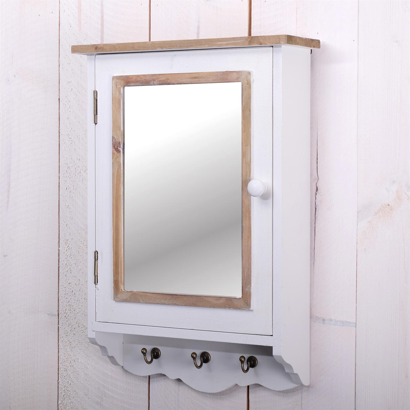 SCHLÜSSELSCHRANK PAULA mit Spiegel und 3 Haken weiß-natur - Weiß, Holz (34/48/10cm) - DESIGN DELIGHTS