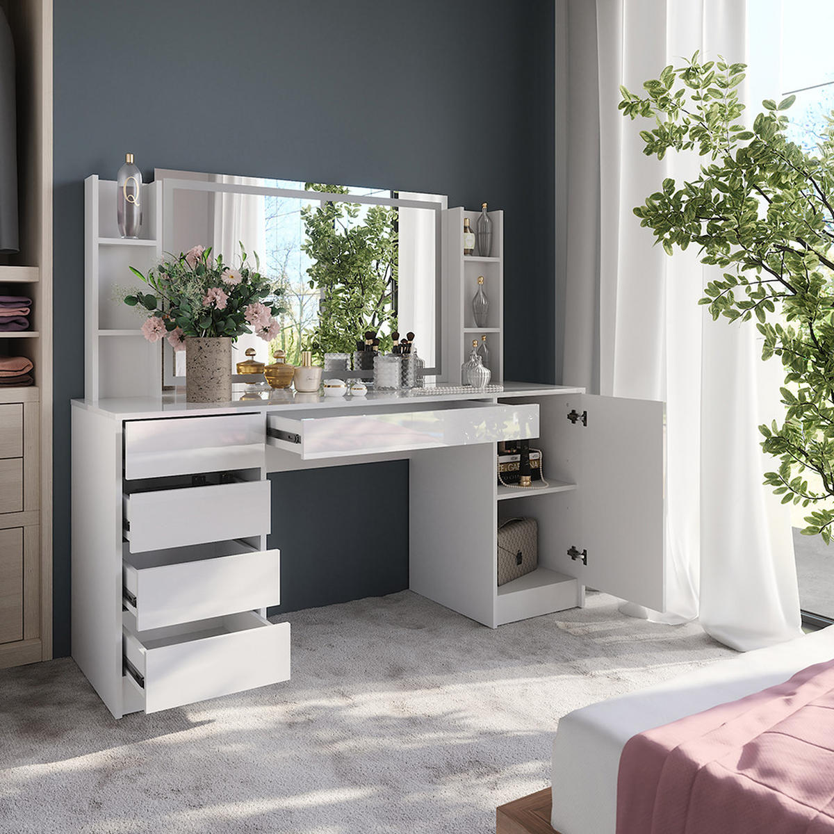 SCHMINKTISCH Sherry Weiß/Weiß Hochglanz 158.2 cm 4 Teile - Weiß Hochglanz, Holzwerkstoff (158.2/76/50.1cm) - Vicco