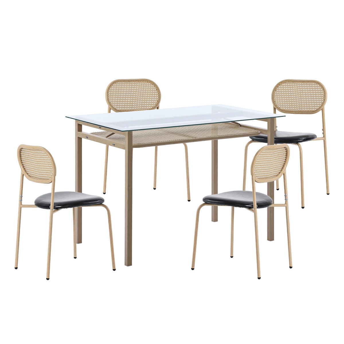 ESSTISCH SET mit Glasplatte & 4 Rattanstühle - Schwarz, Glas/Textil (110/74/65cm) - Urban Meuble