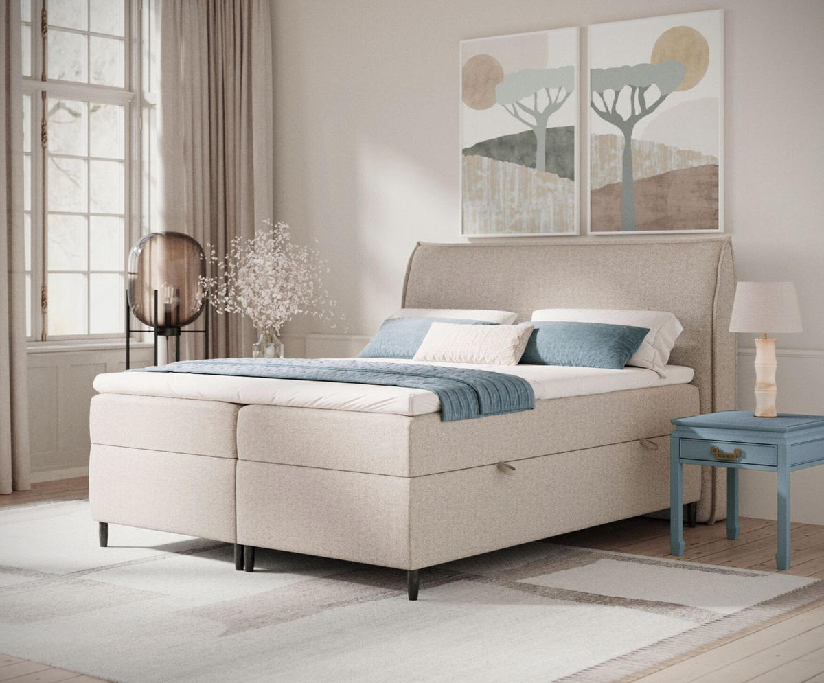 BOXBETT 180/200 cm Corvus, in Cashmere-Farbe, Matratze, Topper, Bettkasten, H2 = mittel - Kaschmir/Schwarz, Holz/Holzwerkstoff (180/200cm) - Maison de Reve