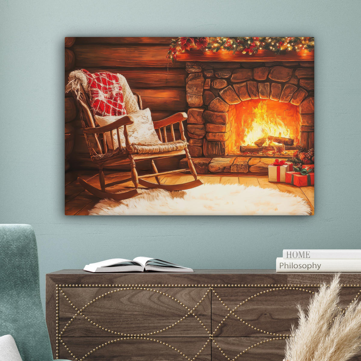 LEINWANDBILD Winter - Weihnachten - Zuhause - Kamin Wandbilder 80x60 cm - Bernsteinfarben, Textil (80/60cm) - MuchoWow