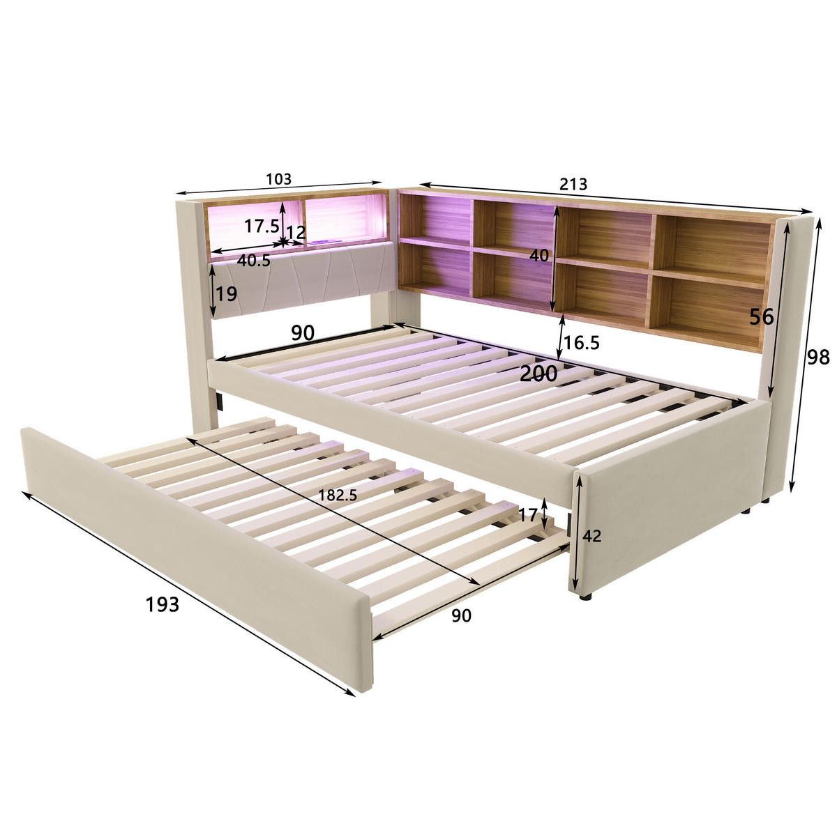 BETT aus Flanell 90x200 cm Beige mit Ausziehbett, LED-Beleuchtung, USB- und Typ-C-Anschluss, Stauraum - Beige, Textil (90/200cm) - Modfu