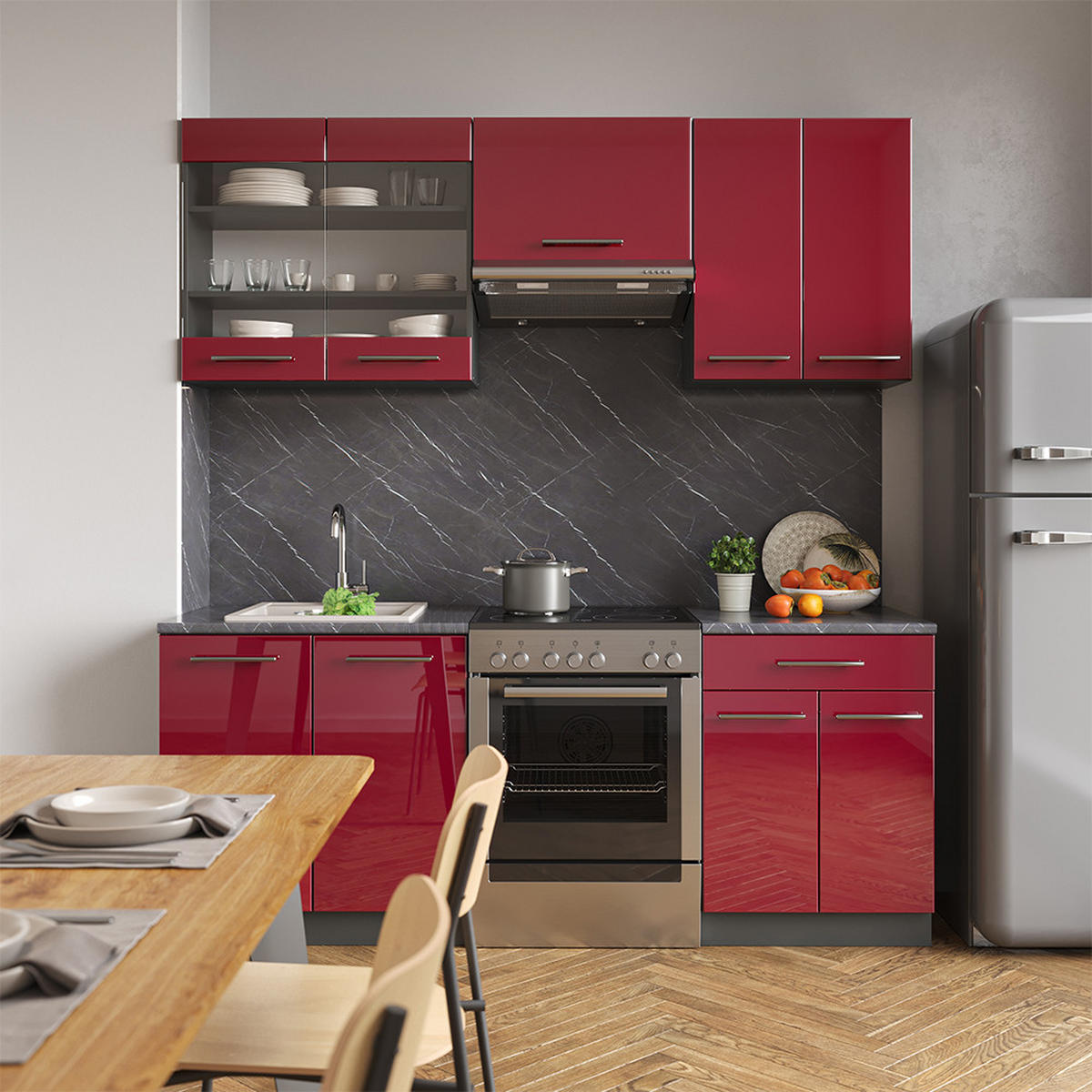 KÜCHENZEILE Fame-Line Bordeaux Hochglanz/Anthrazit 200 cm, AP Eiche - Bordeaux/Anthrazit, Holzwerkstoff (200/81.6/60cm) - Vicco