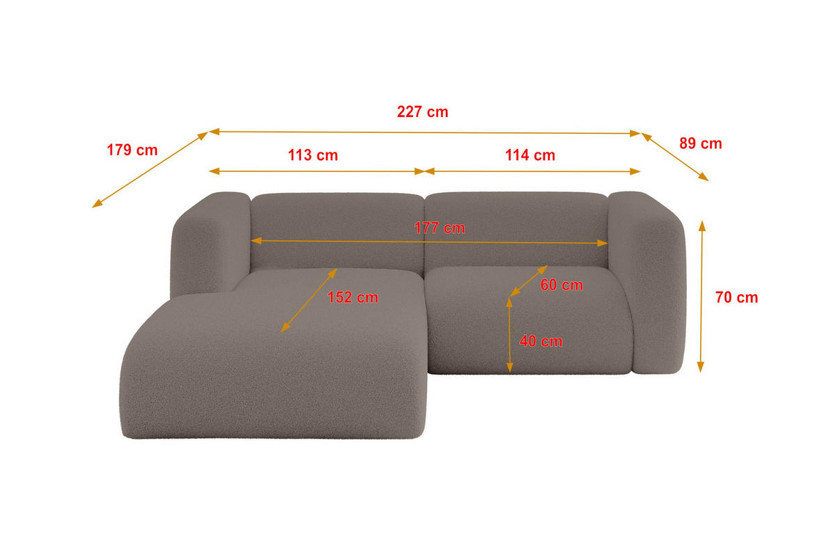 ECKSOFA Ottomane Links MIRA-L1 227x179x89 Braun Bouclé - Dunkelbraun/Schwarz, Holzwerkstoff/Kunststoff (227/179cm) - ALTDECOR