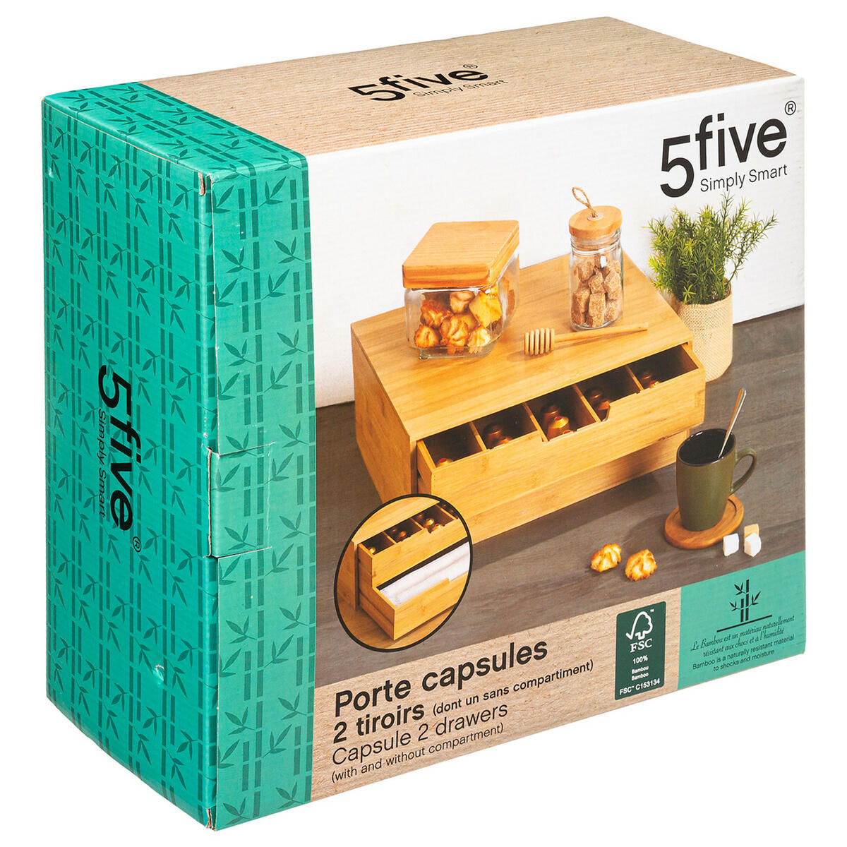 KAFFEEKAPSEL-REGAL mit 2 Schubladen, Bambus, MDF, 34 x 31 cm - Schwarz, Holz - 5five Simply Smart