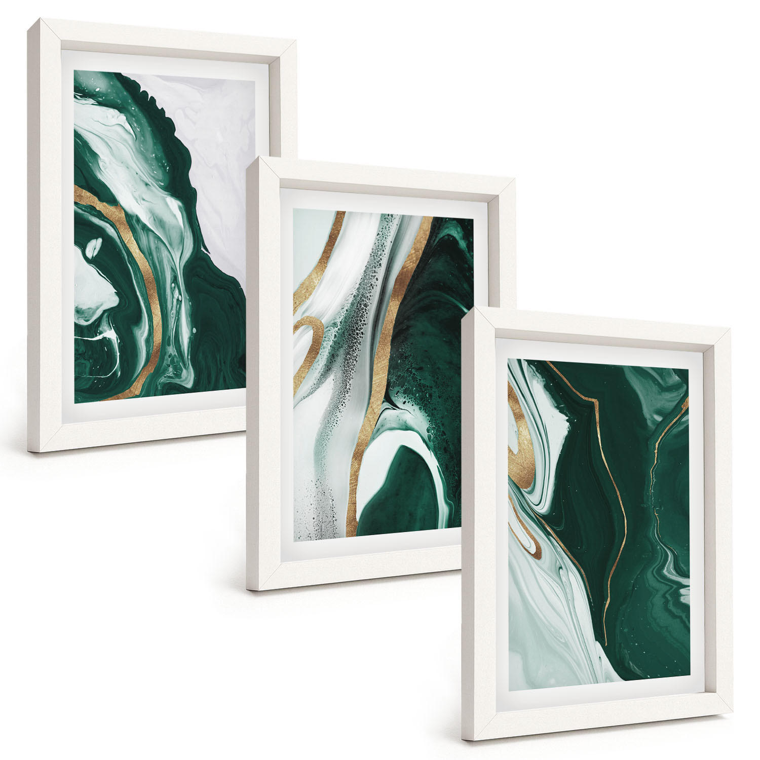 BILDER SET 3er Set - 20x30 cm Weißer Rahmen - Abstrakte grüne Farbmuster - Weiß, Kunststoff (20/30cm) - TULUP