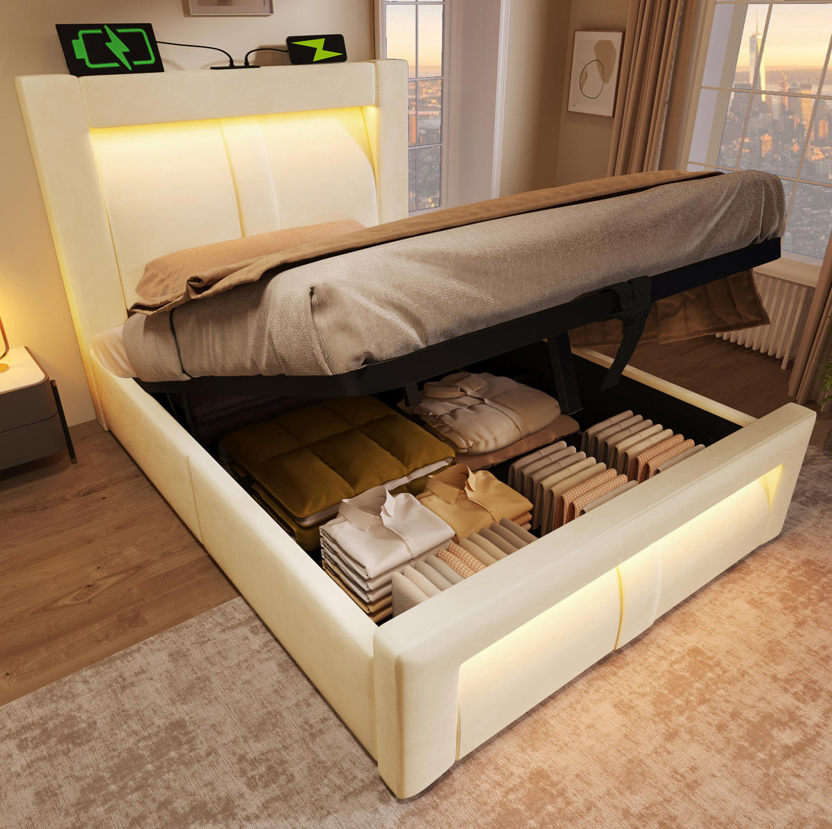 BETT mit Stauraum 90x200 cm Samt Beige inkl. Matratze - Beige, Metall (90/200cm) - Meubliv