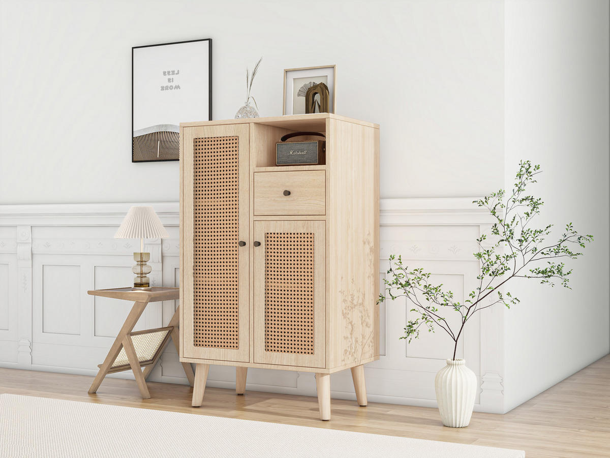 HIGHBOARD Eiche mit Rattanfronten und Schubladen - Eichefarben, Holzwerkstoff (60/101/40cm) - Urban Meuble