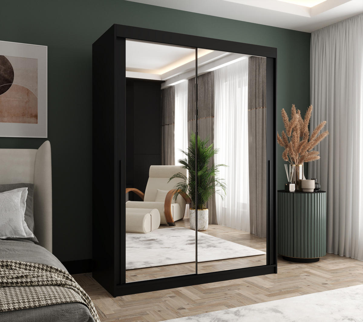 SCHIEBETÜRENSCHRANK mit Spiegel 150 cm Breite, schwarz mit schwarzem Griff - Schwarz, Holzwerkstoff (150/200/62cm) - Home Collective