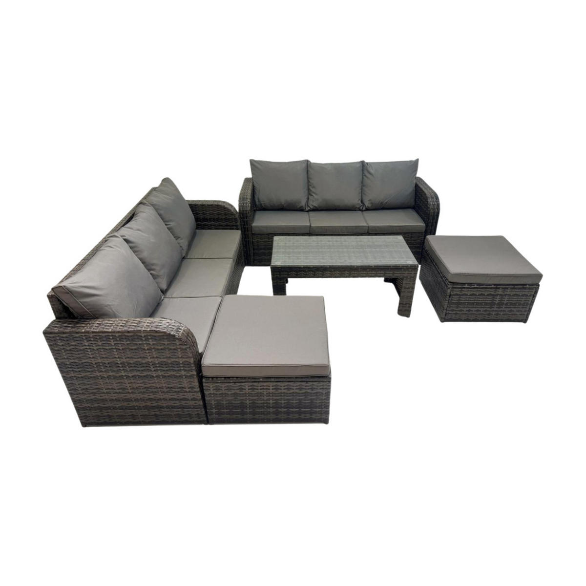 GARTENSOFA SET mit COUCHTISCH Polyrattan 8-Sitzer - Dunkelgrau/Grau, Glas/Kunststoff - Fimous