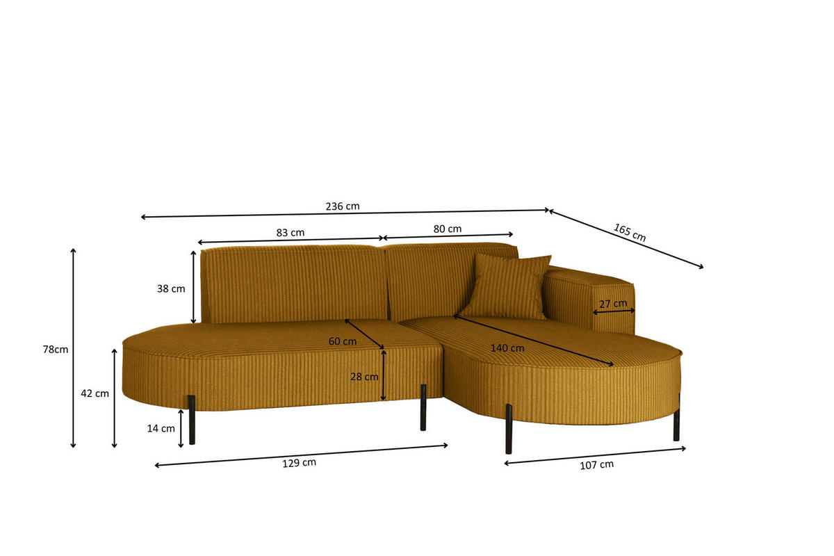 ECKSOFA L-Form Designer Modena Rein stoff Cord Senffarbe Rechts - Gelb, Holzwerkstoff (236/165cm) - Kaiser Möbel