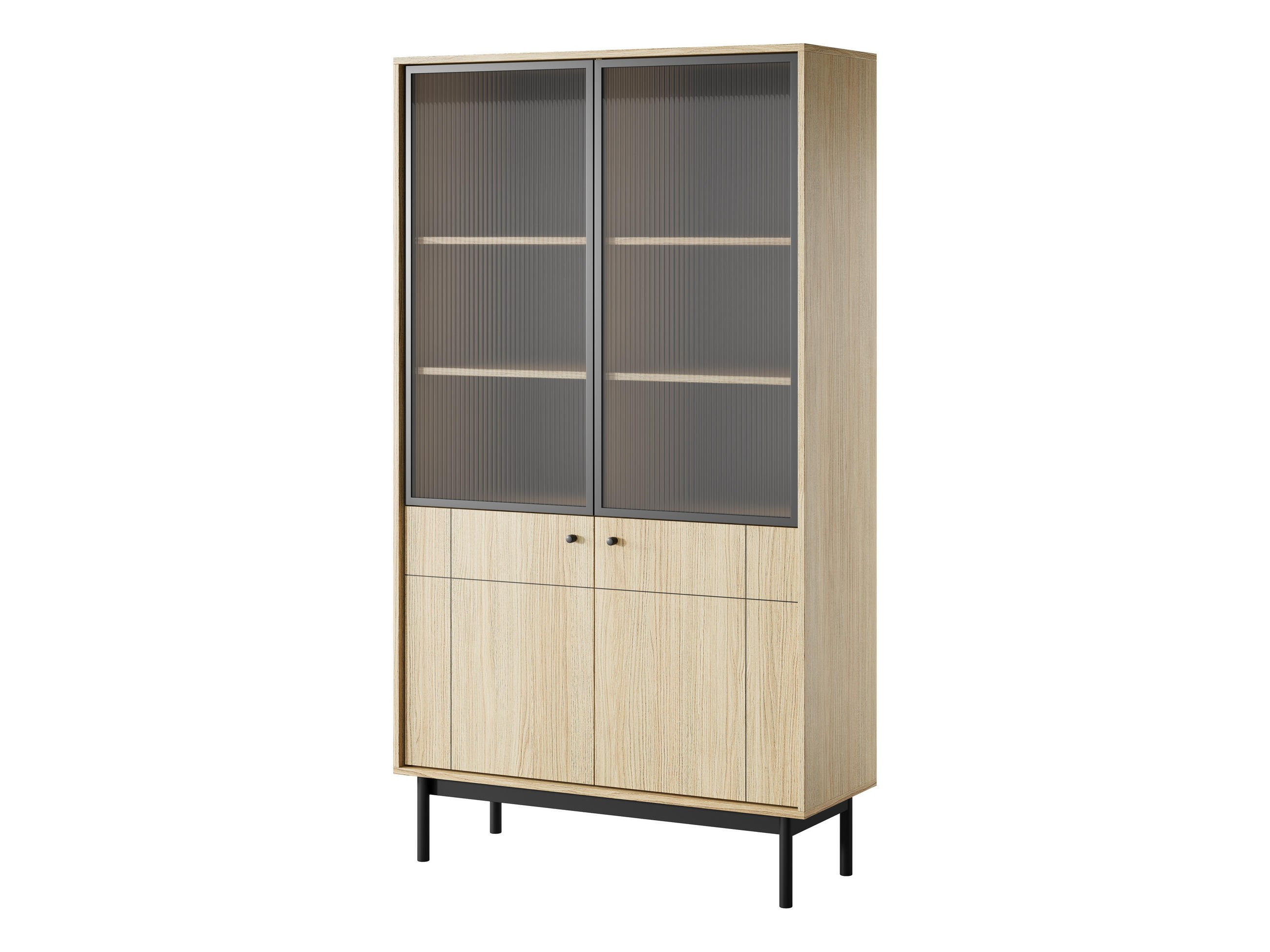 VITRINE SORA W4D (Eiche Linea, Gefräste Front, Riffelglas, Haefele Soft-Close, Holzfüße) - Eichefarben/Schwarz, Glas/Holz (104/185/39cm) - Ravio