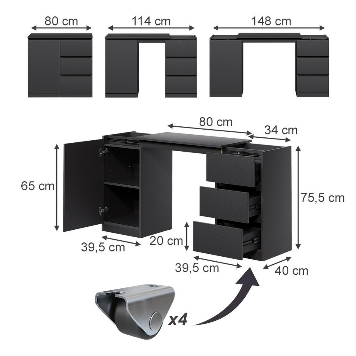 KOMMODE MIT SCHREIBTISCHFUNKTION Varino, Schwarz, 80 x 75.5 cm ausziehbar - Schwarz, Holzwerkstoff (80/75.5/40cm) - Vicco