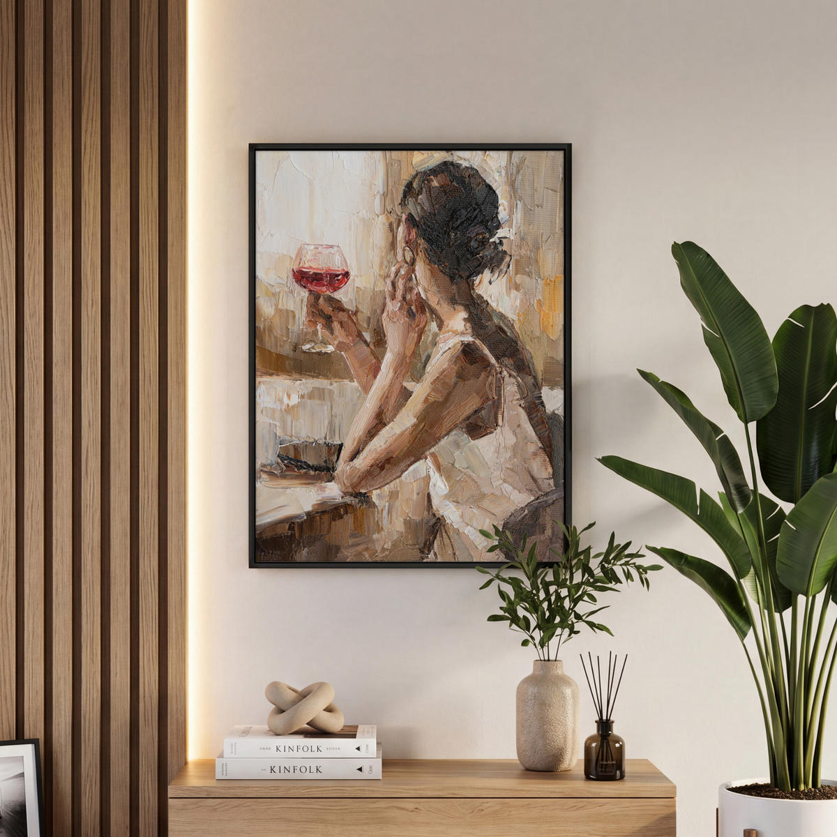 LEINWAND Bilder mit Rahmen - Ölgemälde - Frau - Wein - 50x70 - Hellbraun, Textil (50/70cm) - MuchoWow