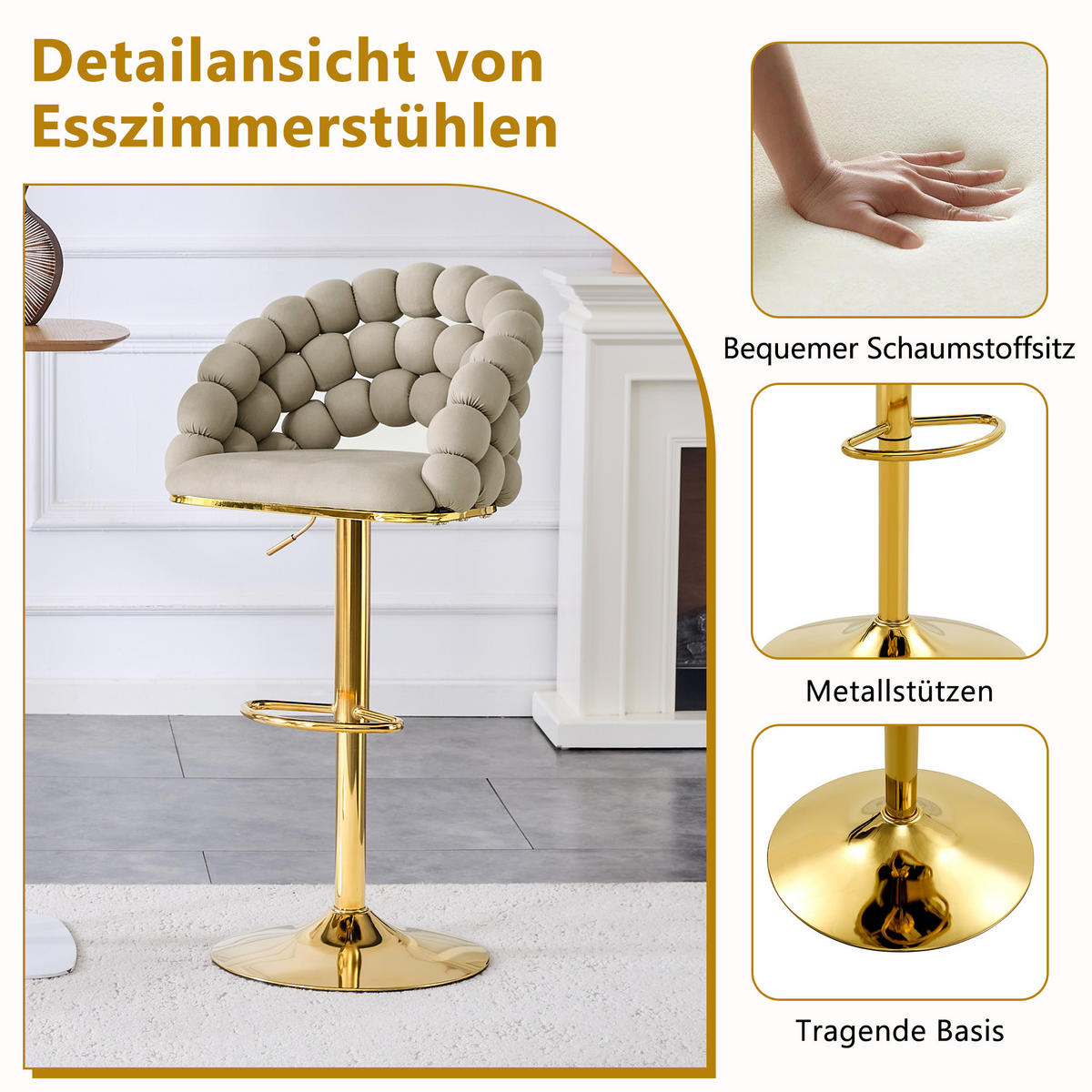BARHOCKER 2er-Set aus Samt mit Gold-Gestell, Kugelketten-Rückenlehne und höhenverstellbar - Grau, Textil (45/112/52cm) - Urban Meuble