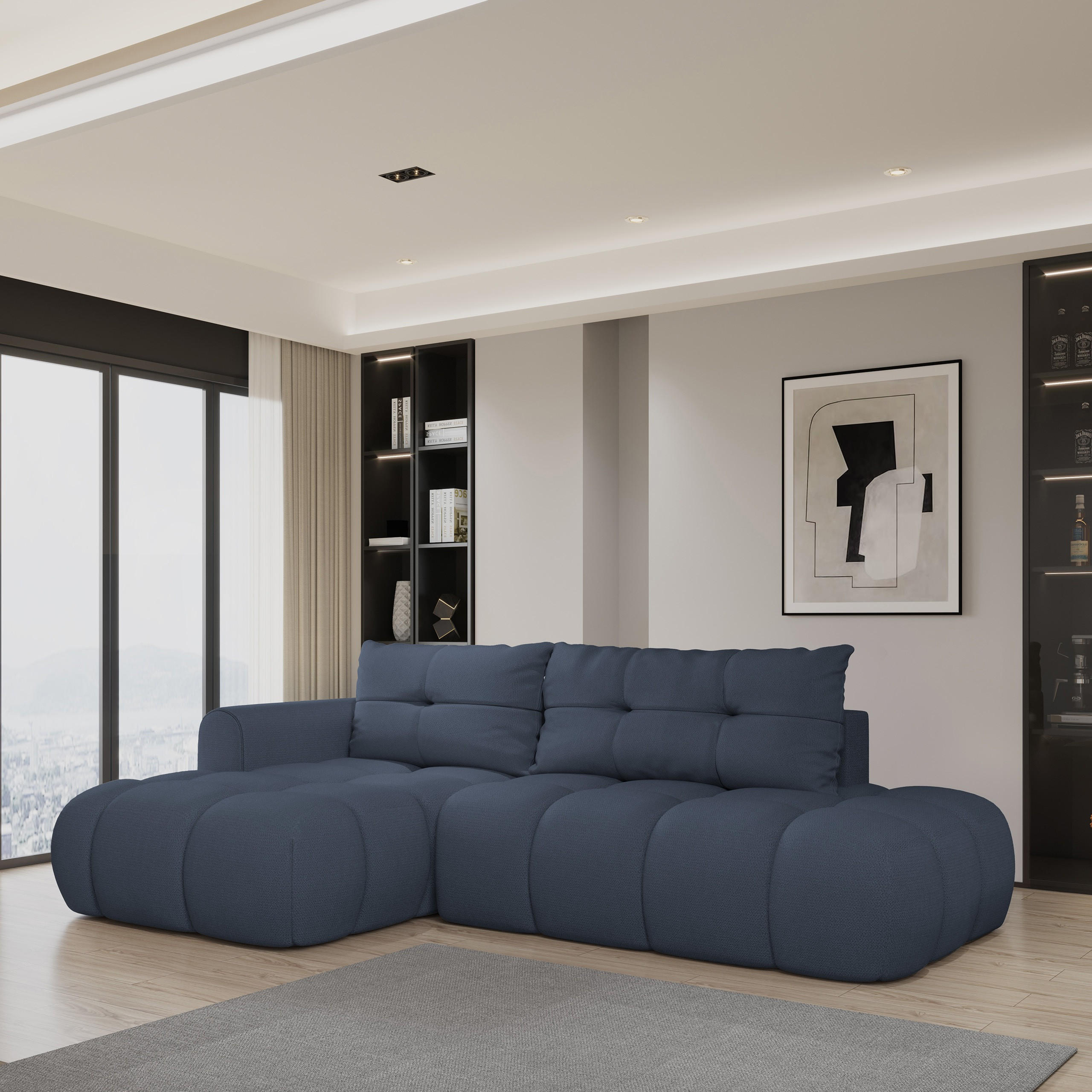 ECKSOFA FLUMA L-S Blau Geflochtener Stoff mit Schlaffunktion - Blau, Holz (274/165cm) - MASSENO