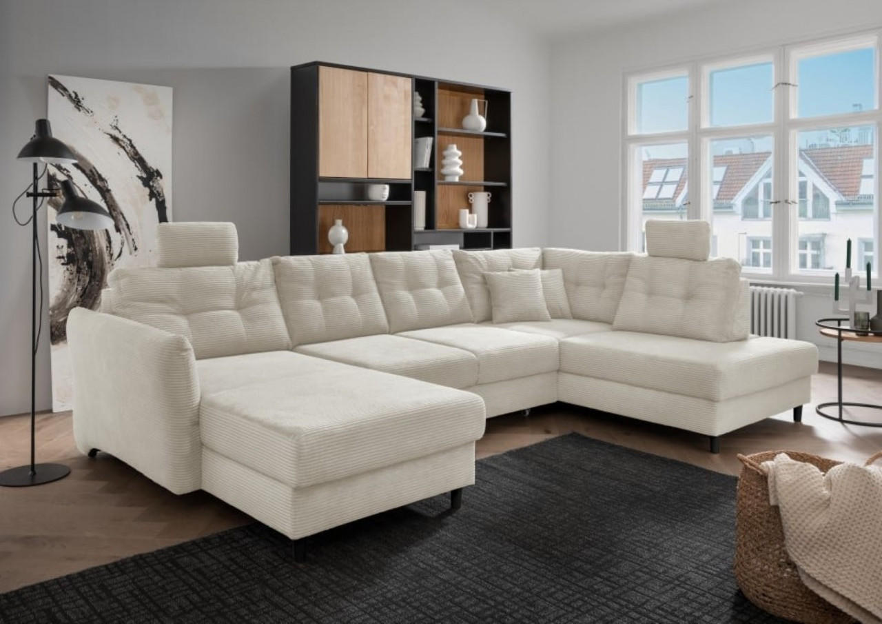 WOHNLANDSCHAFT mit Schlaffunktion, Bettkasten und Sitztiefenverstellung, Cord - Beige/Kieferfarben, Holz/Textil (206/91/340cm) - myHomelando