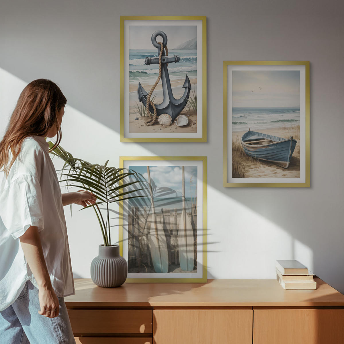 BILDER SET 3er Set - 40x60 cm Goldrahmen - Anker, Boot, Ruder, Strand - Goldfarben, Kunststoff (40/60cm) - TULUP
