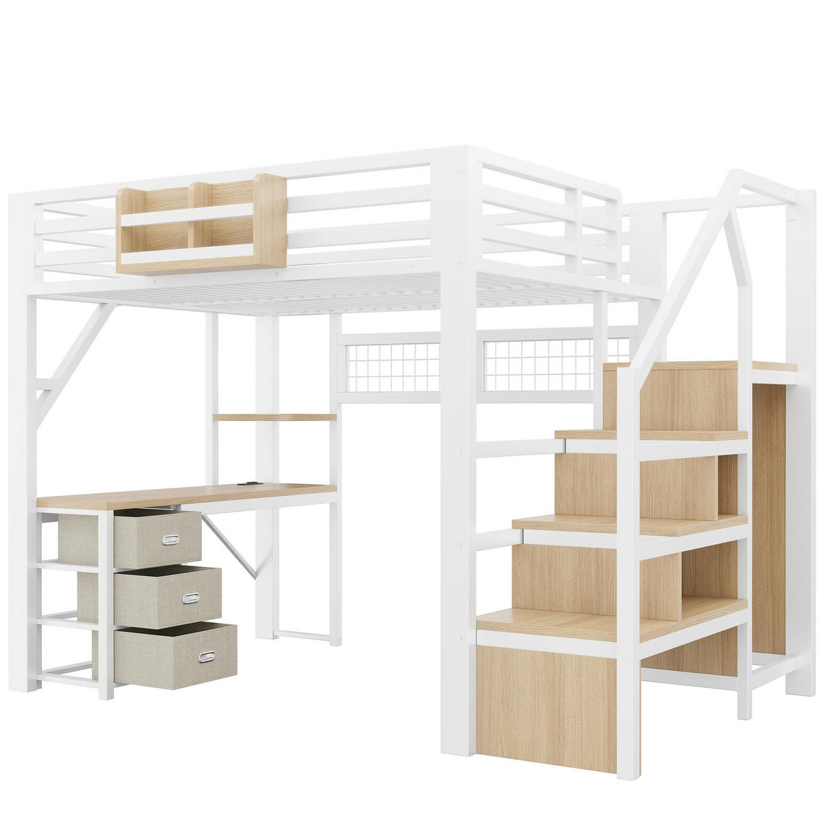 HOCHBETT 140x200 cm in Weiß mit Schreibtisch, Kleiderschrank, LED-Beleuchtung und Stauraum - Weiß, Holzwerkstoff (140/200cm) - IVMEU
