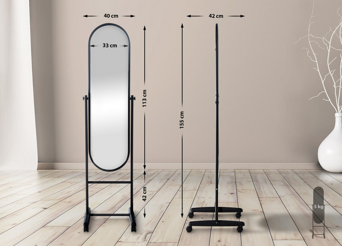 STANDSPIEGEL oval 40/42/155 cm Metall schwarz - Schwarz, Metall (40/155/42cm) - CLP