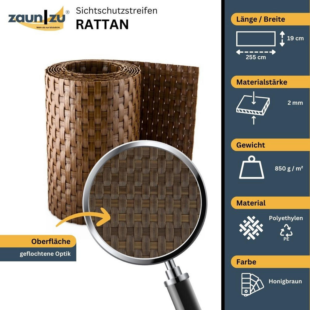 SICHTSCHUTZSTREIFEN Rattan Einzelstreifen für Doppelstabmatten Honigbraun 2,55m - Rotbraun, Kunststoff (255/19cm) - ZAUN|ZU