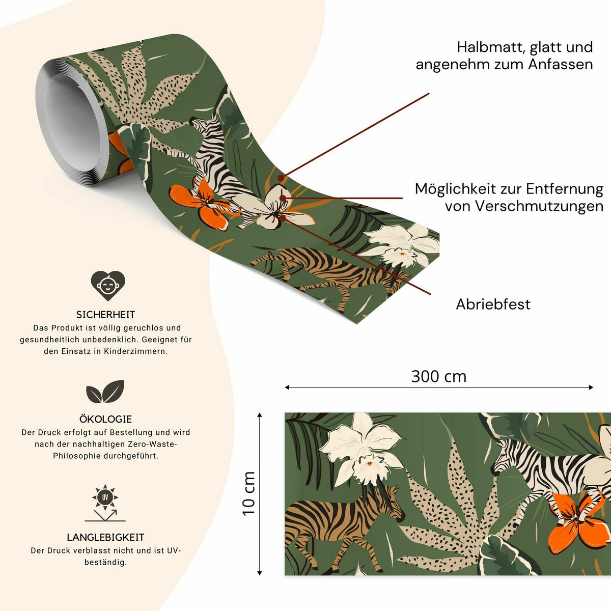 TAPETENBORDÜRE selbstklebend Zebras tropische BLUMEN Blätter - Beige/Schwarz, Papier (10/300/300cm) - Muralo